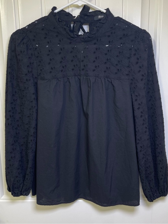 Madewell Tops - Madewell Black Eyelet Ruffle Mock Neck Tie Back Blouse Top Size XXS